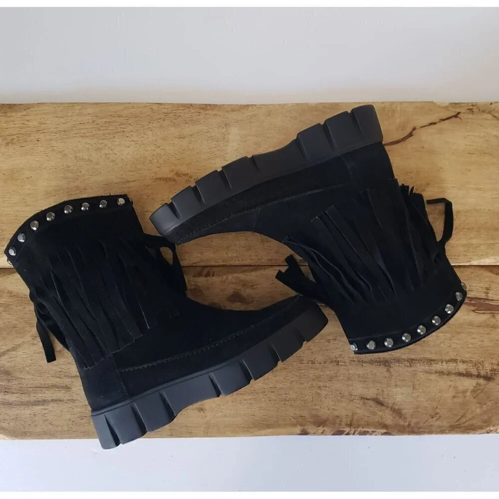 NWT Geox Ghoula Suede Fringe Studded Mid-Calf Chunky Lug Sole Winter Boots 38